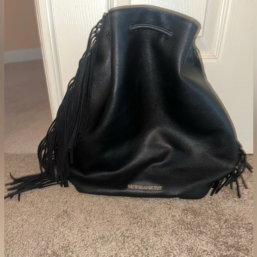 Victoria's Secret Black Faux Leather Fringe Hobo Women's Backpack